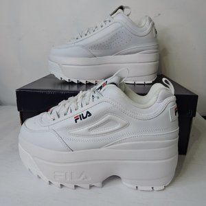 Fila White Platform Wedge Sneakers with Subtle Red & Blue Logo